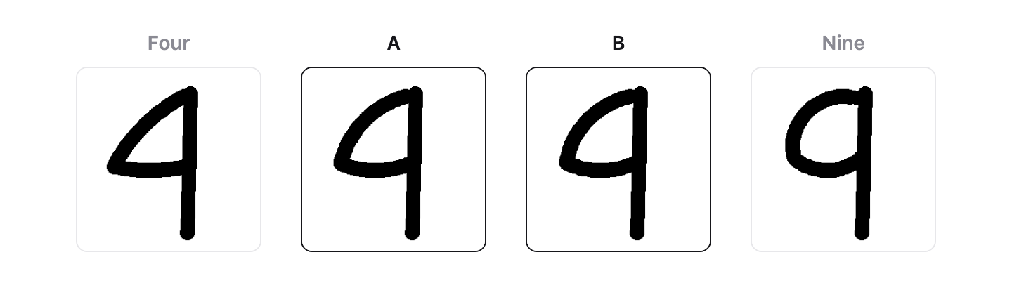 Four handwritten drawings: a 4 with a closed top, drawings A and B whose top is half round, and a 9.